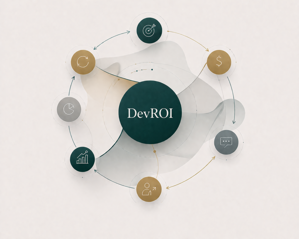 Diagrama conceptual de DevROI que representa el ciclo de medición de impacto en talento y generación de valor para la toma de decisiones