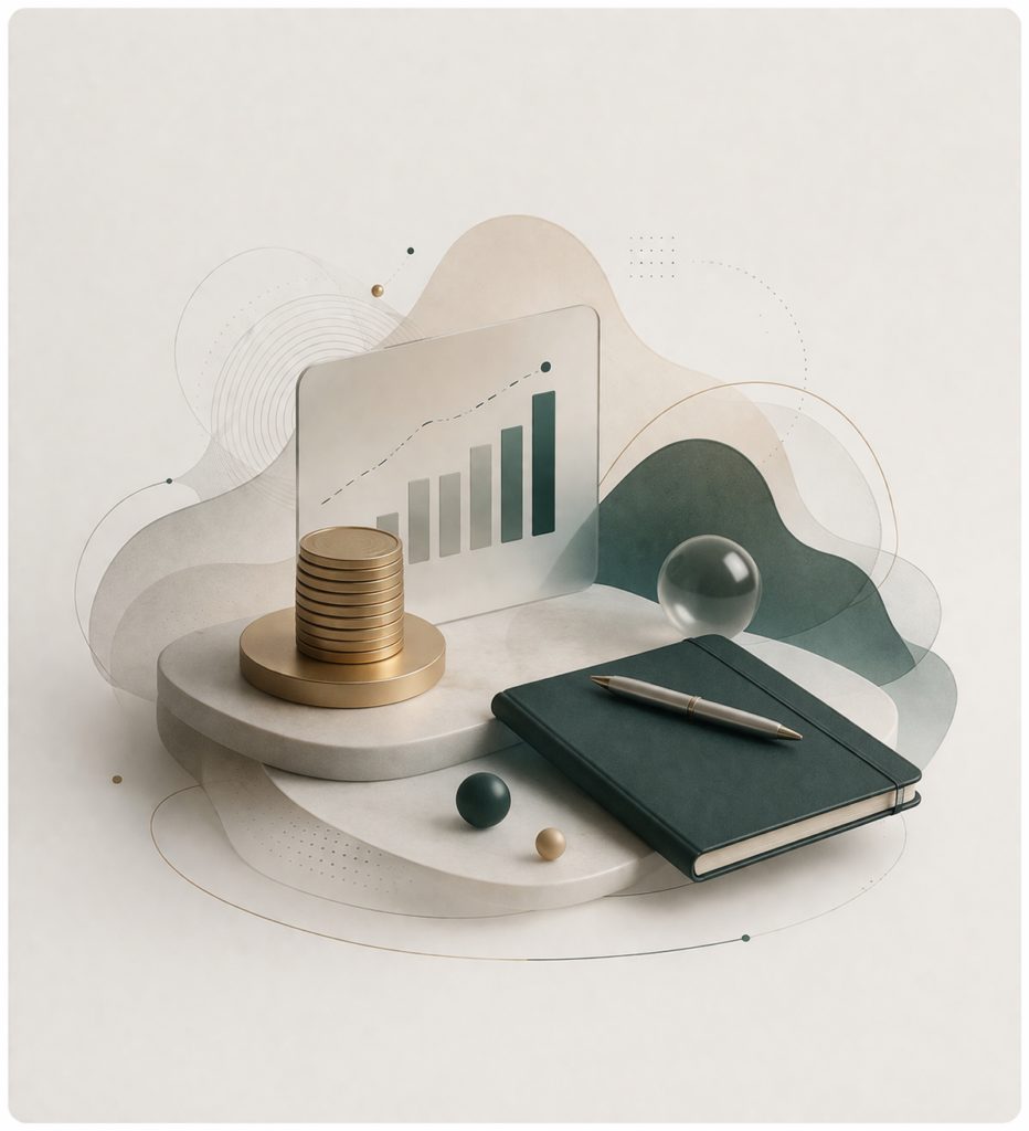 Representación visual de medición de impacto en talento con gráfico de crecimiento, inversión financiera y toma de decisiones estratégicas.