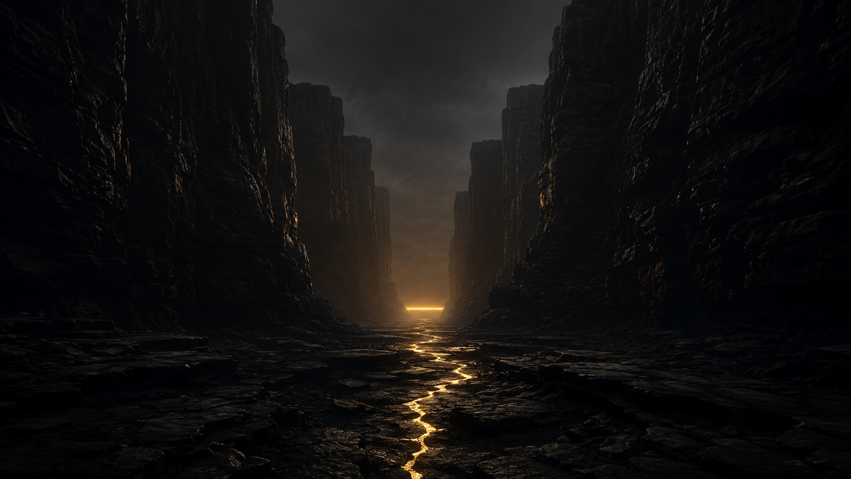 Cañón oscuro con una delgada línea de luz dorada en el horizonte, símbolo de una pregunta estratégica que revela valor oculto.
